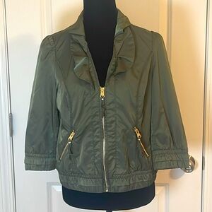 White House Black Market Shiny Cropped Bomber Green w/Gold Zip Jacket Size 6